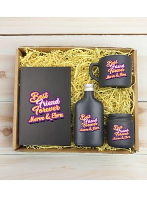 Bk Gift Kişiye Özel Isimli Dtf Best Friend Temalı Antrasit Defter & Kahve Fincanı & Kolonya & Mum Hediye Seti-3, Arkadaşa Hediye, Doğum Günü Hediyesi