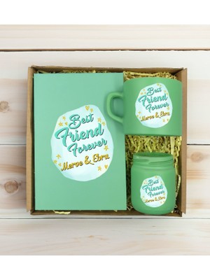 Bk Gift Kişiye Özel Isimli Dtf Best Friend Temalı Yeşil Defter & Kahve Fincanı & Mum Hediye Seti-2, Arkadaşa Hediye, Doğum Günü Hediyesi