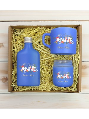 Bk Gift Kişiye Özel Isimli Dtf Anne Temalı Mavi Kahve Fincanı & Kolonya & Mum Hediye Seti-1, Anneye Hediye, Anneler Günü Hediyesi