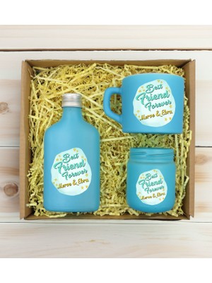 Bk Gift Kişiye Özel Isimli Dtf Best Friend Temalı Turkuaz Kahve Fincanı & Kolonya & Mum Hediye Seti-2, Arkadaşa Hediye, Doğum Günü Hediyesi