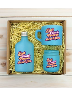 Bk Gift Kişiye Özel Isimli Dtf Best Friend Temalı Turkuaz Kahve Fincanı & Kolonya & Mum Hediye Seti-3, Arkadaşa Hediye, Doğum Günü Hediyesi