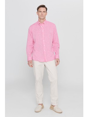 AC&Co / Altınyıldız Classics Erkek Fuşya Comfort Fit Rahat Kesim Düğmeli Yaka Casual Keten Gömlek