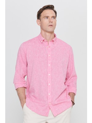 AC&Co / Altınyıldız Classics Erkek Fuşya Comfort Fit Rahat Kesim Düğmeli Yaka Casual Keten Gömlek