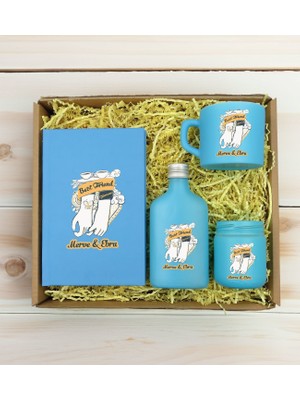 Bk Gift Kişiye Özel Isimli Dtf Best Friend Temalı Turkuaz Defter & Kahve Fincanı & Kolonya & Mum Hediye Seti-4, Arkadaşa Hediye, Doğum Günü Hediyesi