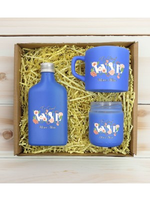 Bk Gift Kişiye Özel Isimli Dtf Anne Temalı Mavi Kahve Fincanı & Kolonya & Mum Hediye Seti-4, Anneye Hediye, Anneler Günü Hediyesi