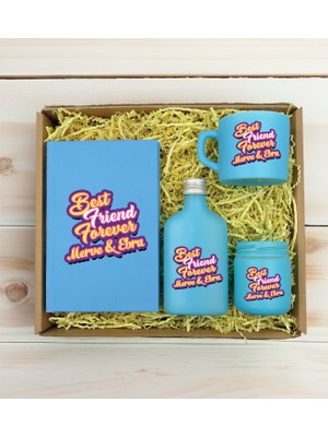 Bk Gift Kişiye Özel Isimli Dtf Best Friend Temalı Turkuaz Defter & Kahve Fincanı & Kolonya & Mum Hediye Seti-3, Arkadaşa Hediye, Doğum Günü Hediyesi