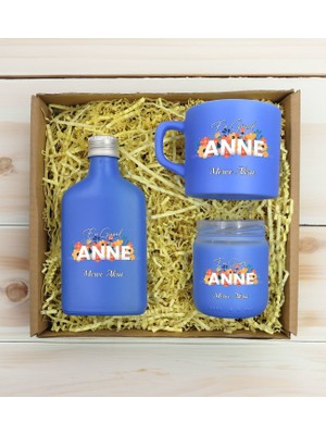 Bk Gift Kişiye Özel Isimli Dtf Anne Temalı Mavi Kahve Fincanı & Kolonya & Mum Hediye Seti-2, Anneye Hediye, Anneler Günü Hediyesi