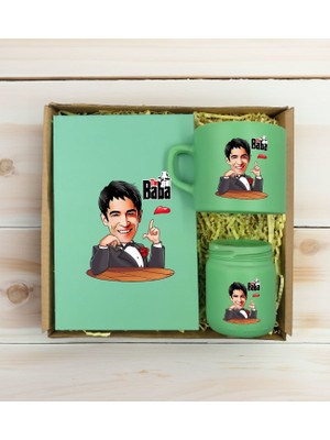 Bk Gift Kişiye Özel Dtf The Baba Karikatürlü Yeşil Defter & Kahve Fincanı & Mum Hediye Seti-2, Babaya Hediye, Babalar Günü Hediyeleri
