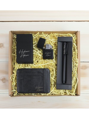 Bk Gift Kişiye Özel Isimli Siyah Metal Kalem&çakmak&sigara Kutusu&kartlık-Cüzdan Hediye Seti, Sevgiliye Hediye, Arkadaşa Hediye, Doğum Günü Hediyesi