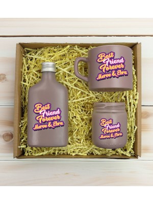 Bk Gift Kişiye Özel Isimli Dtf Best Friend Temalı Mat Gri Kahve Fincanı & Kolonya & Mum Hediye Seti-3, Arkadaşa Hediye, Doğum Günü Hediyesi