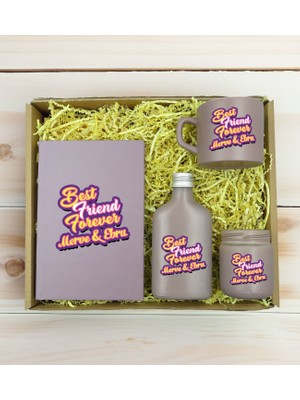 Bk Gift Kişiye Özel Isimli Dtf Best Friend Temalı Mat Gri Defter & Kahve Fincanı & Kolonya & Mum Hediye Seti-3, Arkadaşa Hediye, Doğum Günü Hediyesi