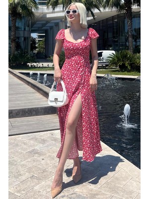 Madmext Kırmızı Desenli Yırtmaçlı Uzun Elbise MG2004