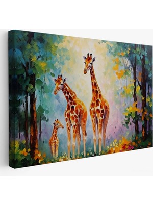 Harita Sepeti Çerçeveli Ormandaki Ağaçların Altında Dinlenen Zürafa Aile TABLOSU-7229