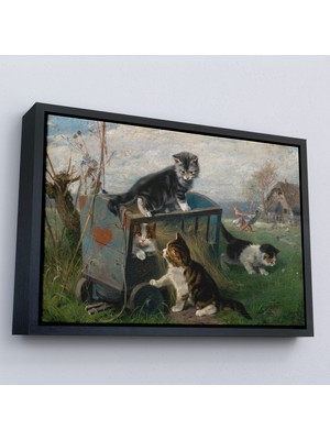 Harita Sepeti Çerçeveli Julius Adam - Çayırda Arabada Oynayan Kedi Yavruları TABLO-7084