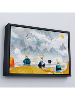 Harita Sepeti Çerçeveli 3D Modern Tasarım Altın Geyikler TABLOSU-7196