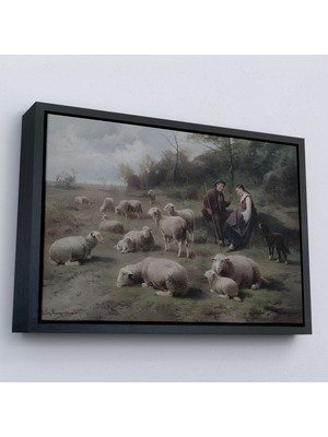 Harita Sepeti Çerçeveli Cornelis Van Leemputten Schaferpaar Mit Herde TABLOSU-7006