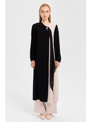 Esswaap Şal Detaylı Önü Yırtmaçlı Pilise Kollu Pantolonlu Takım  Taş