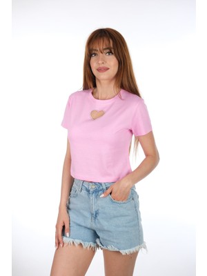 Moda Derin Pembe Kalpli Kısa T-Shirt