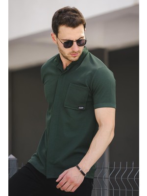 Oksit Dennie Tek Cep Waffle Kumaş Slim Kısa Kol Hakim Yaka Erkek Gömlek