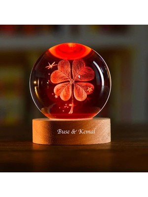 Hediyesahibi  Isme Özel  Ahşap Dört Yapraklı Yonca Kristal Cam Küre 6cm
