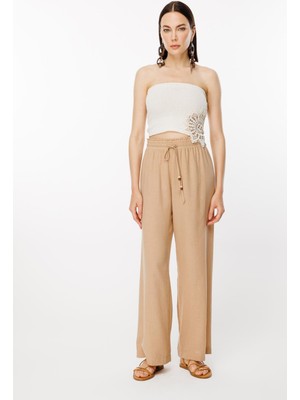 Accort Beli Lastikli ve Geniş Paça Keten Pantolon-CAMEL