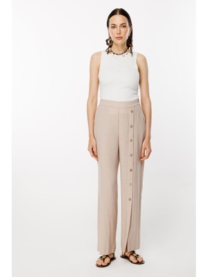 Accort Önü Düğme Detaylı Beli Lastikli Keten Pantolon - Taş