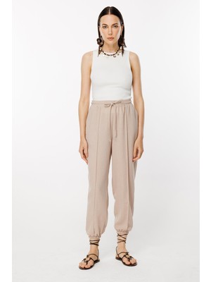 Accort Paçası Lastikli Nervür Detaylı Keten Pantolon - Taş