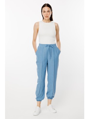 Accort Paçası Lastikli Nervür Detaylı Keten Pantolon - Mavi