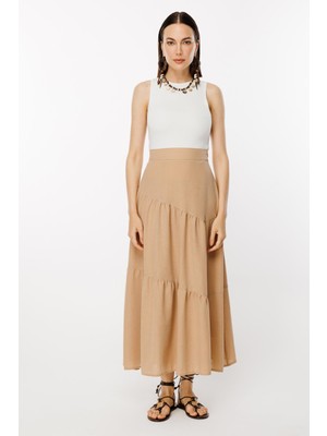 Accort Volan Görünümlü Uzun Keten Etek-CAMEL