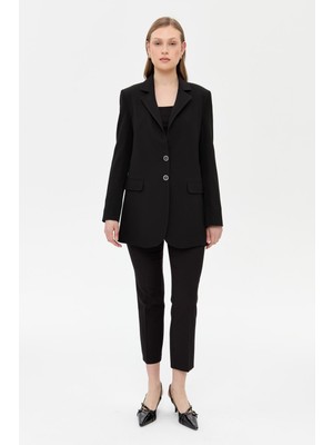 Accort Çift Düğmeli Cep Detaylı Krep Ceket - Siyah
