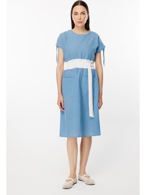 Accort Omuzları ve Beli Ayarlanabilir Ip Detaylı Keten Elbise - Mavi