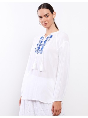 LC Waikiki Lcw Modest Bağlamalı Yaka Nakışlı Uzun Kollu Viskon Kadın Bluz