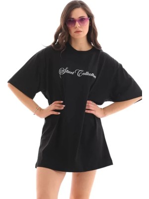 Alinn Butikk Unisex Bisiklet Yaka Baskılı Oversize T-Shirt - Siyah