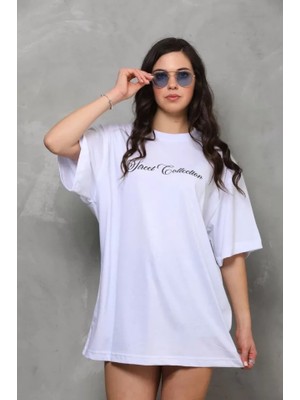 Alinn Butikk Unisex Bisiklet Yaka Baskılı Oversize T-Shirt - Beyaz