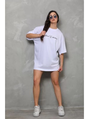 Alinn Butikk Unisex Bisiklet Yaka Baskılı Oversize T-Shirt - Beyaz