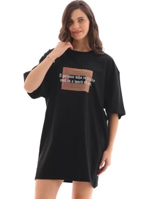 Babua Unisex Bisiklet Yaka Baskılı Oversize T-Shirt - Siyah