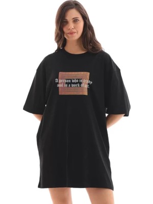 Babua Unisex Bisiklet Yaka Baskılı Oversize T-Shirt - Siyah