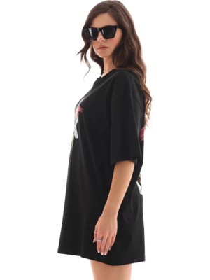 Babua Unisex Bisiklet Yaka Baskılı Oversize T-Shirt - Siyah