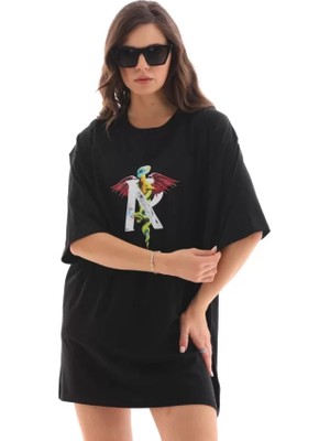 Babua Unisex Bisiklet Yaka Baskılı Oversize T-Shirt - Siyah