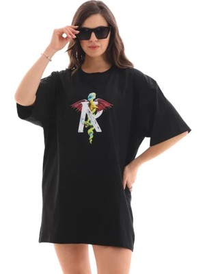 Babua Unisex Bisiklet Yaka Baskılı Oversize T-Shirt - Siyah