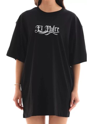 Alinn Butikk Unisex Bisiklet Yaka Baskılı Oversize T-Shirt - Siyah