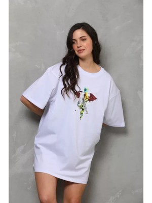 Alinn Butikk Unisex Bisiklet Yaka Baskılı Oversize T-Shirt - Beyaz