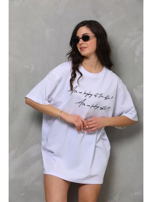 Babua Unisex Bisiklet Yaka Baskılı Oversize T-Shirt - Beyaz