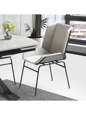 Evistro Ynca Metal Ayaklı Kumaş Salon Balkon ve Mutfak Sandalyesi 6 Adet Krem