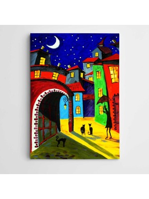 Dekolata Kediler Sokak ve Ay Modern Sanat Kanvas Tablo
