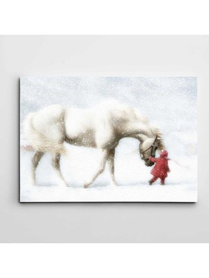 Dekolata Beyaz At ve Kırmızılı Çocuk Kanvas Tablo