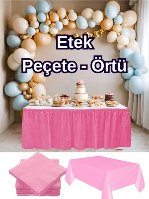 Parti Baskı Pembe Masa Eteği - Masa Örtüsü - Peçete - Doğum Günü - Parti - Kına - Nişan - Etkinlik