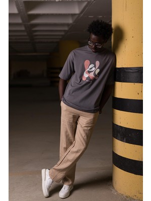 Akçaylar Bisiklet Yaka %100 Pamuklu Önü Baskılı Oversize (Geniş Model) T-Shirt