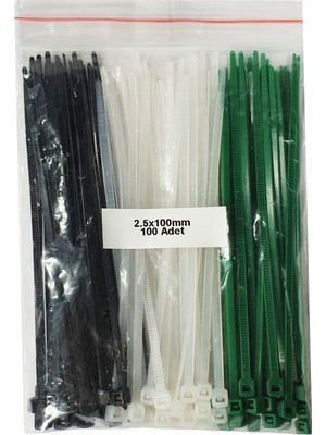 GWEST Plastik Kablo Bağı - Siyah+Beyaz+Yeşil -2,5MMX100MM -  (100 Adet)