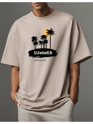 Gannhers Summer Palm Baskılı Taş Rengi Unisex T-Shirt %100 Pamuklu Tişört